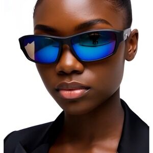 Sporty Wrap Sunglasses Blue Mirrored Lenses Black Frame For Women Lentes Gafas